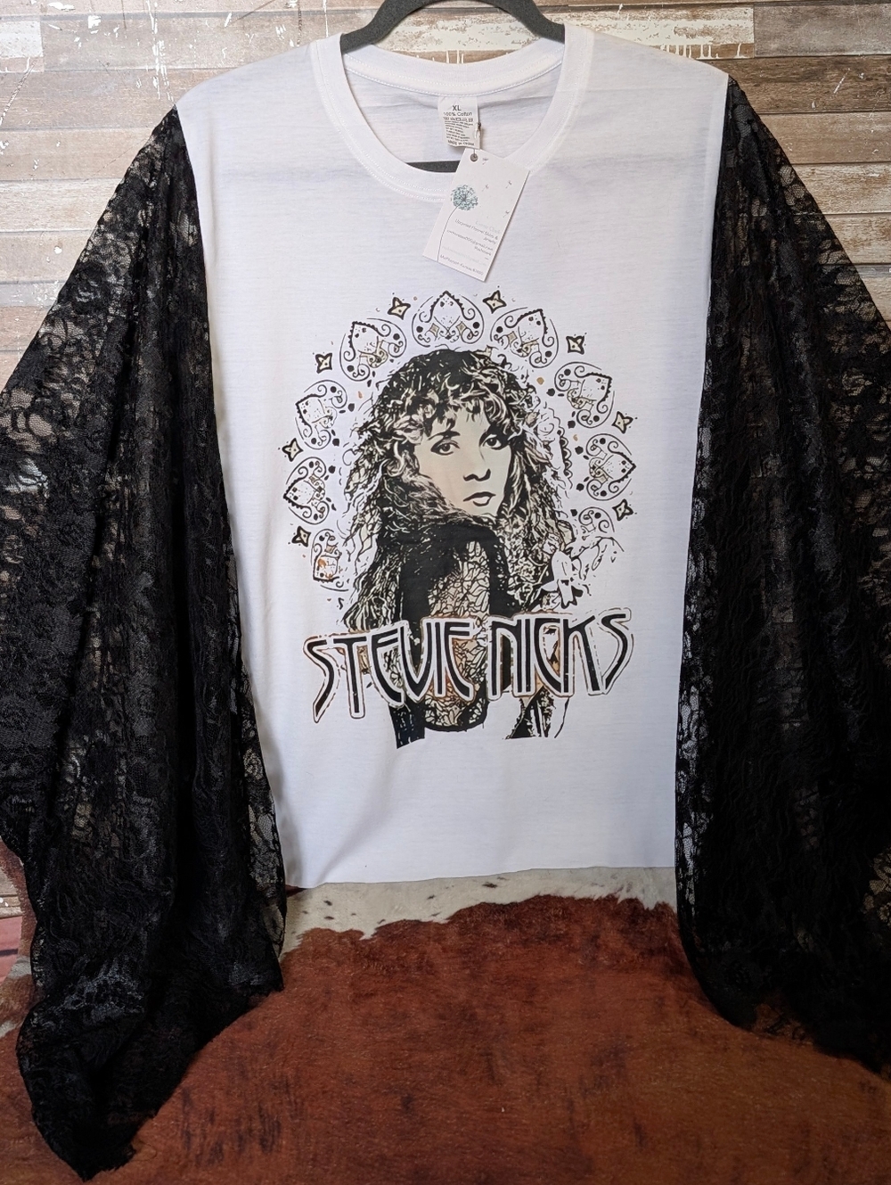 New Handcrafted Stevie Nicks Graphic W Black Lace Boho Bat Winged Sleeves - Picture 5 of 9